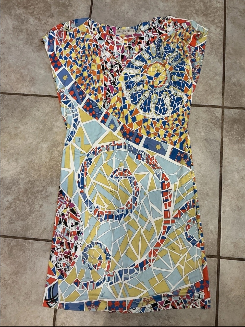 Emilio Pucci Mosaic-Print V-Neck Midi Dress in Blue, Yellow, Red, Cream